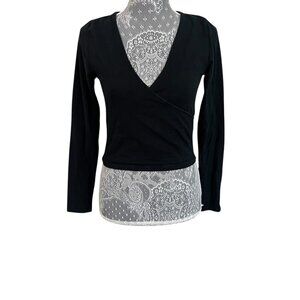 Forever 21 Cropped Long-Sleeve Wrap-Style V-Neck Top Shirt, Women's Black Medium